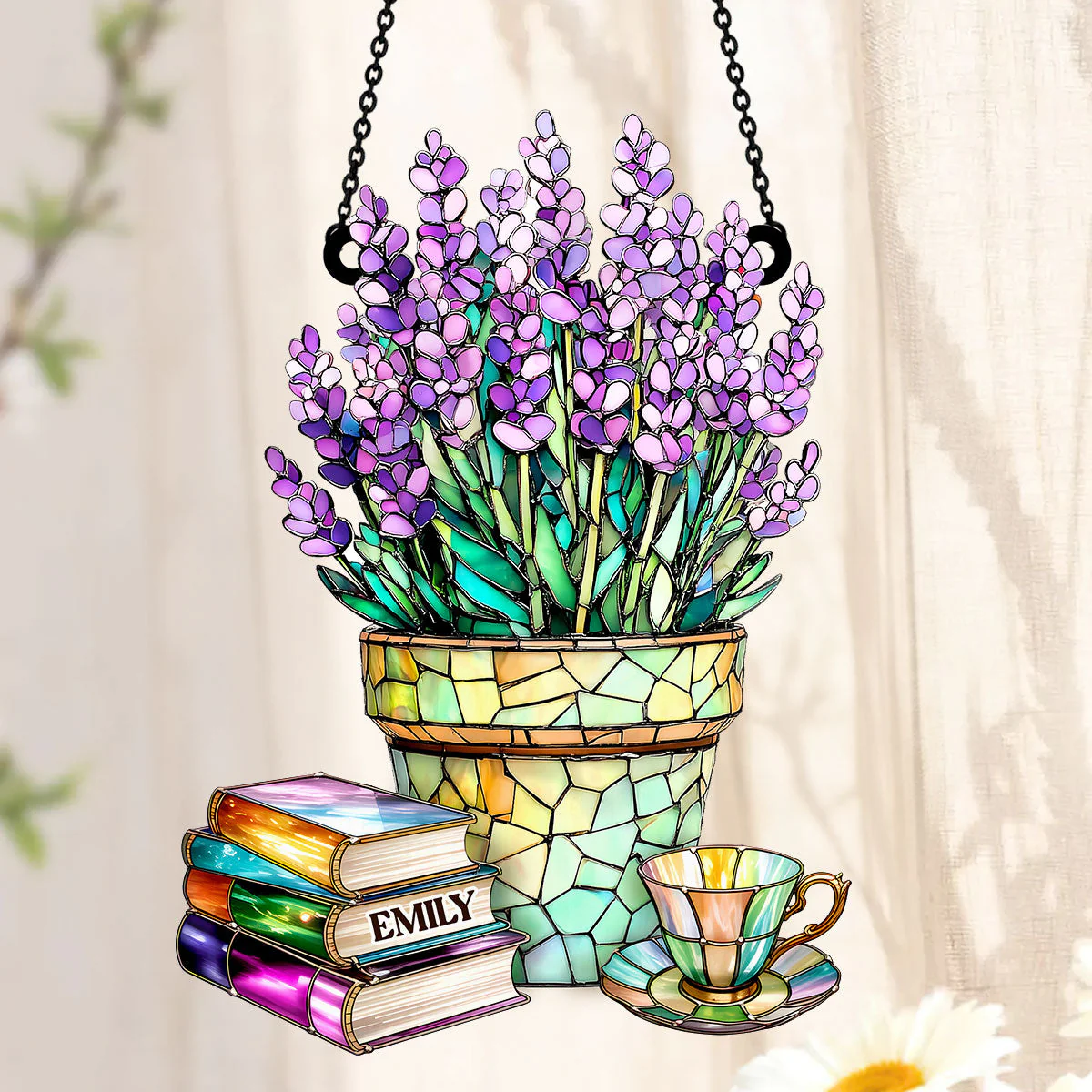 Nostalgic Lavenders, Books, And Tea - Personalized Window Hanging Suncatcher - Image 3