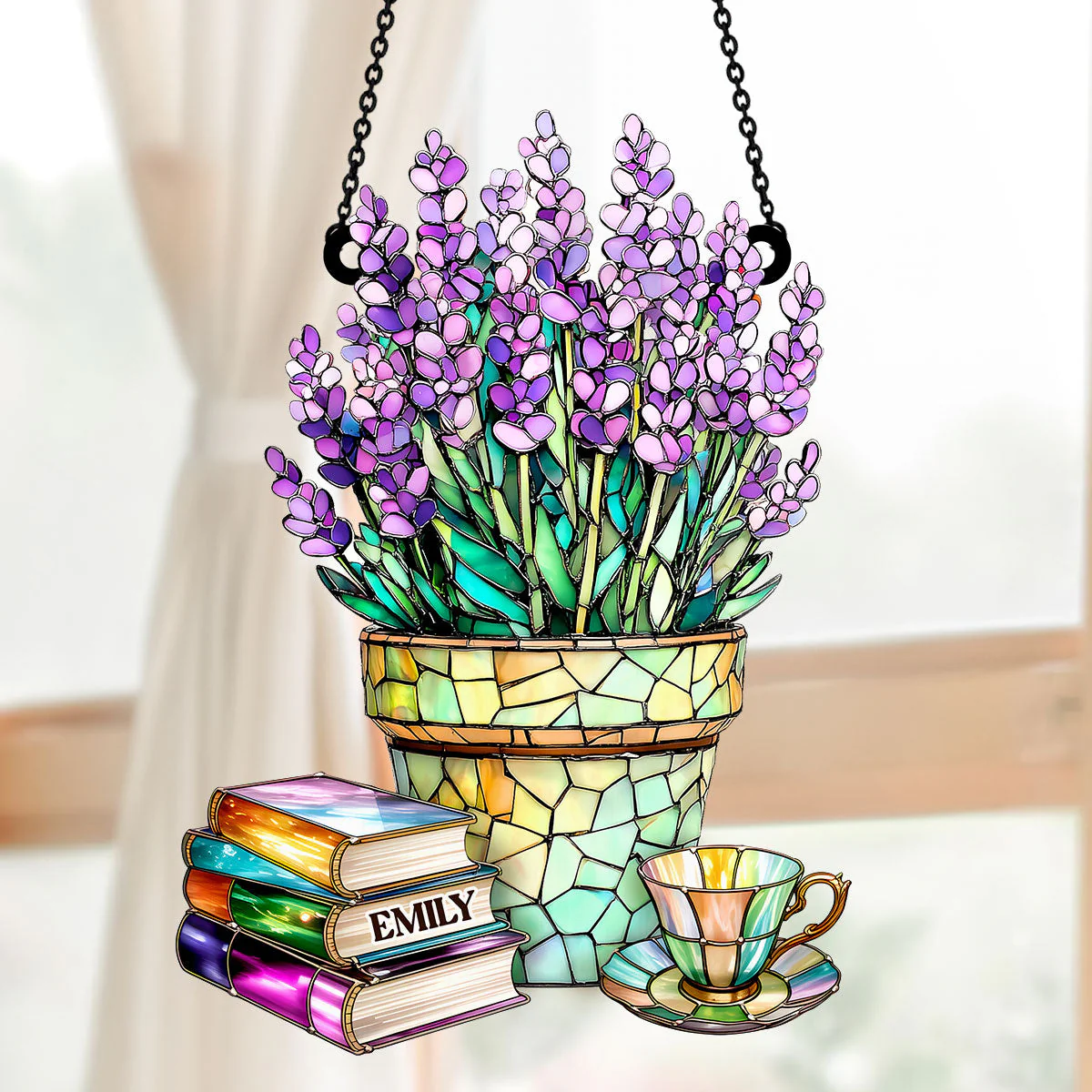 Nostalgic Lavenders, Books, And Tea - Personalized Window Hanging Suncatcher - Image 5