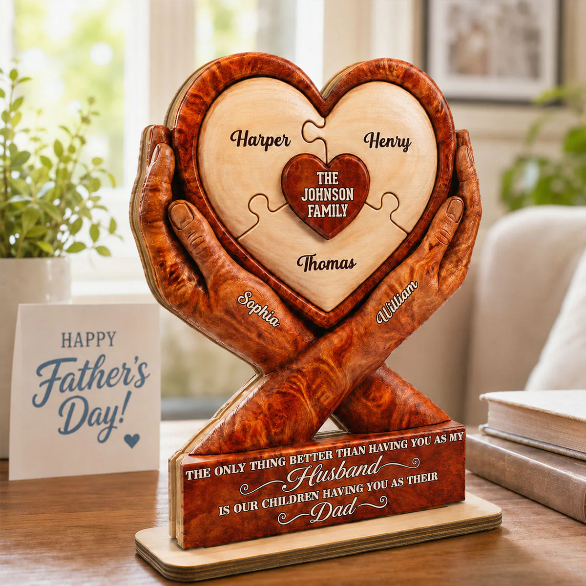 Our Children Having You As Their Dad Heart Puzzle Design - Personalized Wooden Plaque - Gift For Dad, Husband