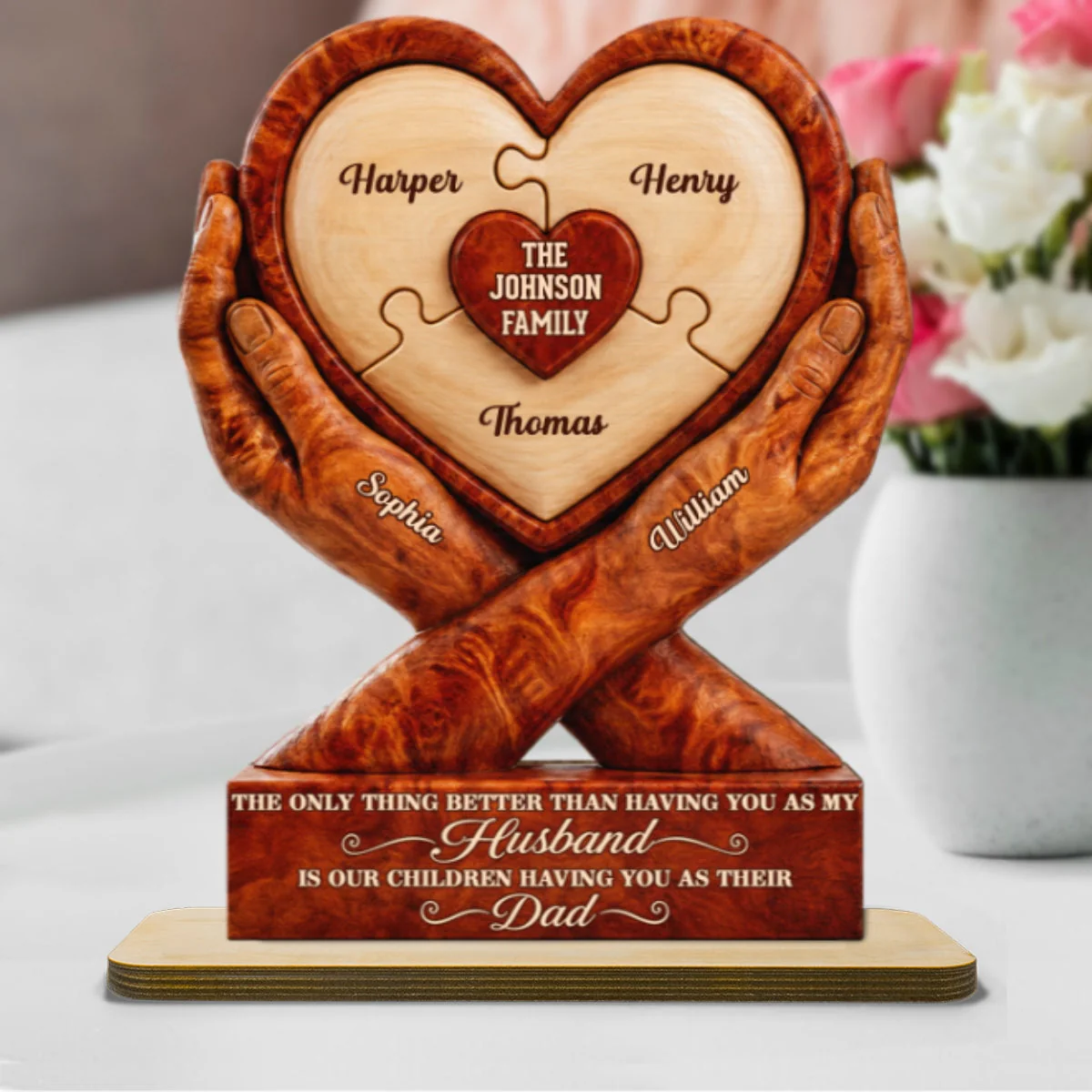 Our Children Having You As Their Dad Heart Puzzle Design - Personalized Wooden Plaque - Gift For Dad, Husband - Image 2
