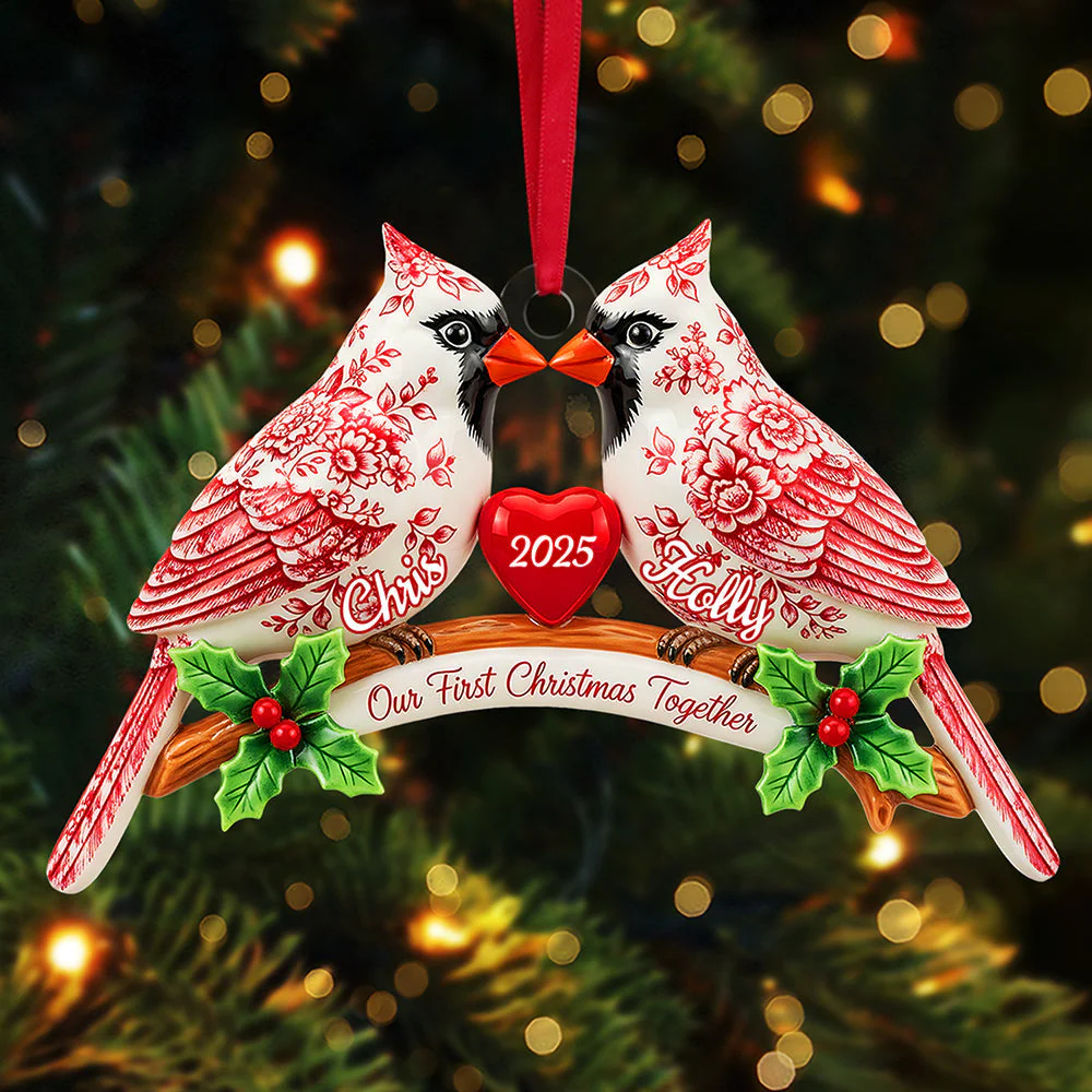 Our First Christmas Together - Couple Cardinal Toile de Jouy - Personalized Acrylic Ornament HH01 - Image 2