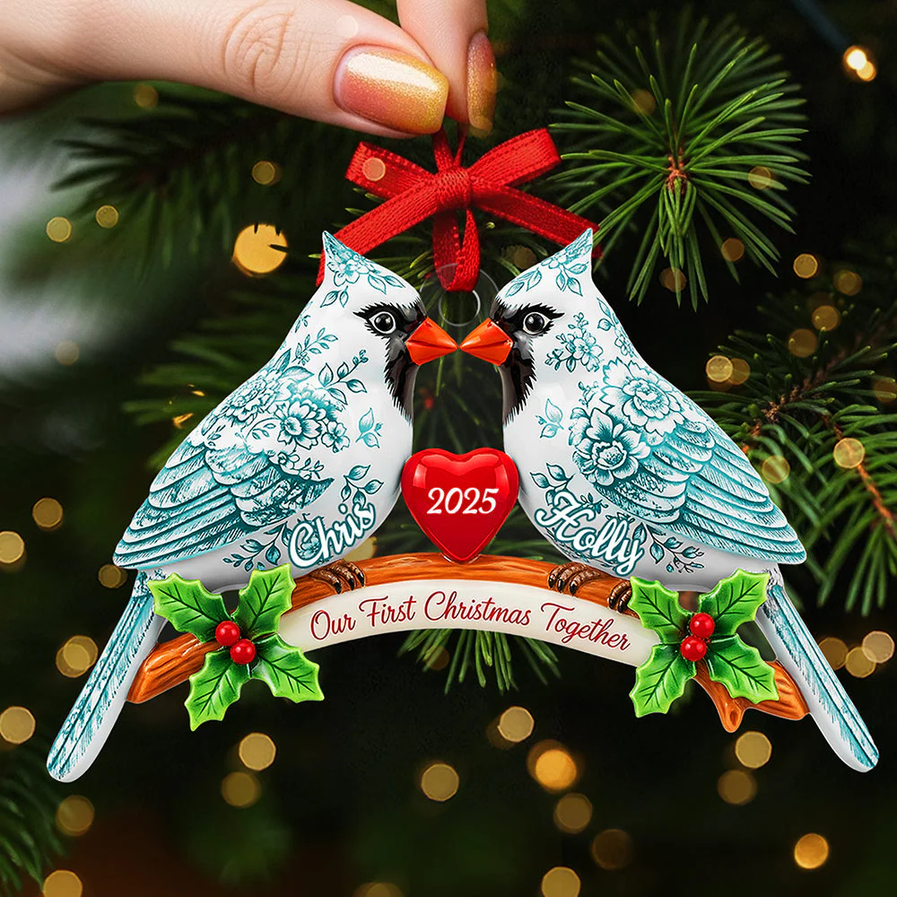 Our First Christmas Together - Couple Cardinal Toile de Jouy - Personalized Acrylic Ornament HH01 - Image 3