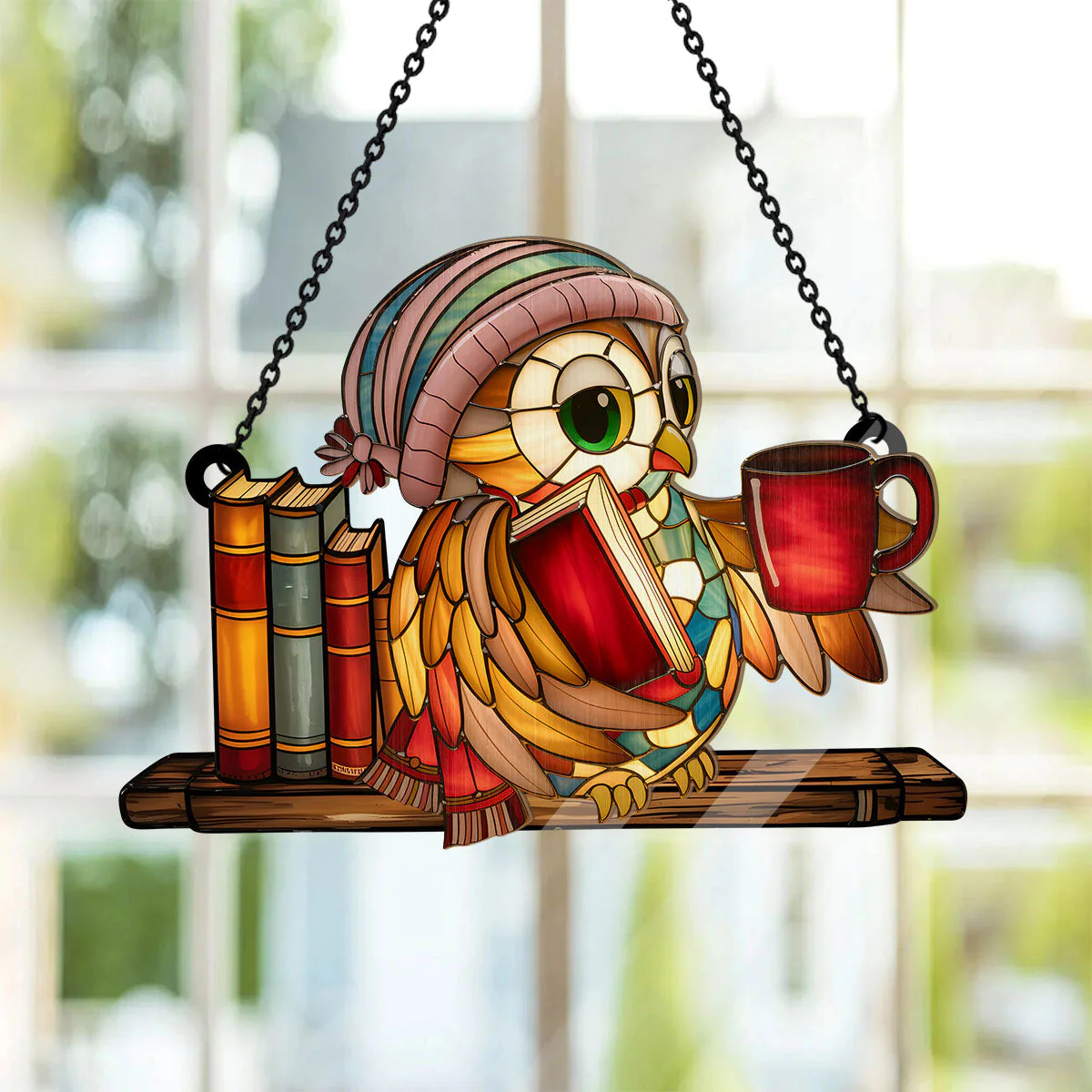 Owl And Book - Personalized Window Hanging Suncatcher