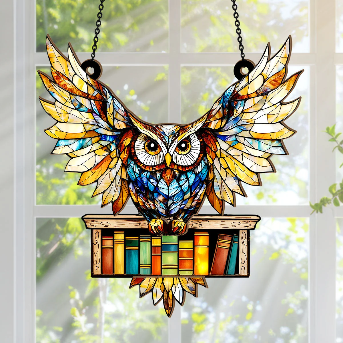 Owl On Books - Personalized Window Hanging Suncatcher