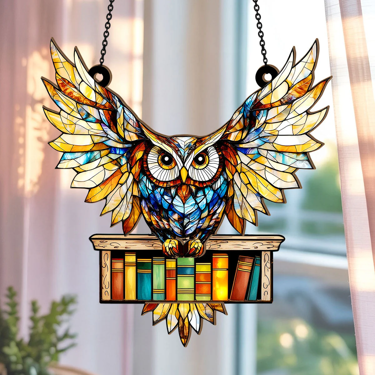 Owl On Books - Personalized Window Hanging Suncatcher - Image 3