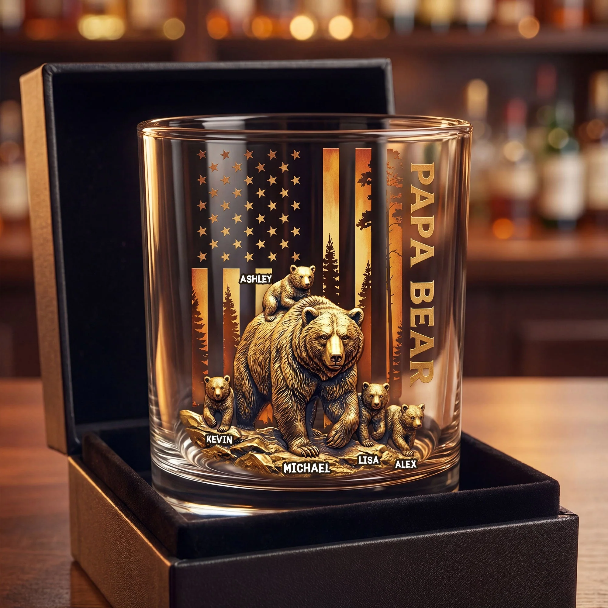 Papa Bear America Flag - Personalized Whiskey Glass - Gift For Dad - Image 2