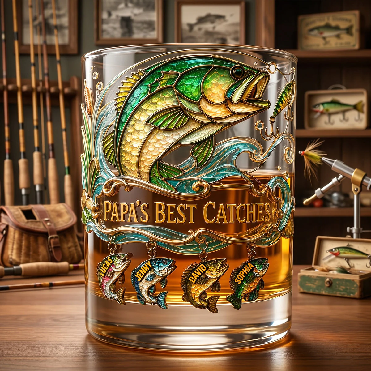 Papa's Best Catches Bass Fishing Stained Glass - Personalized Whiskey Glass - Gift For Dad