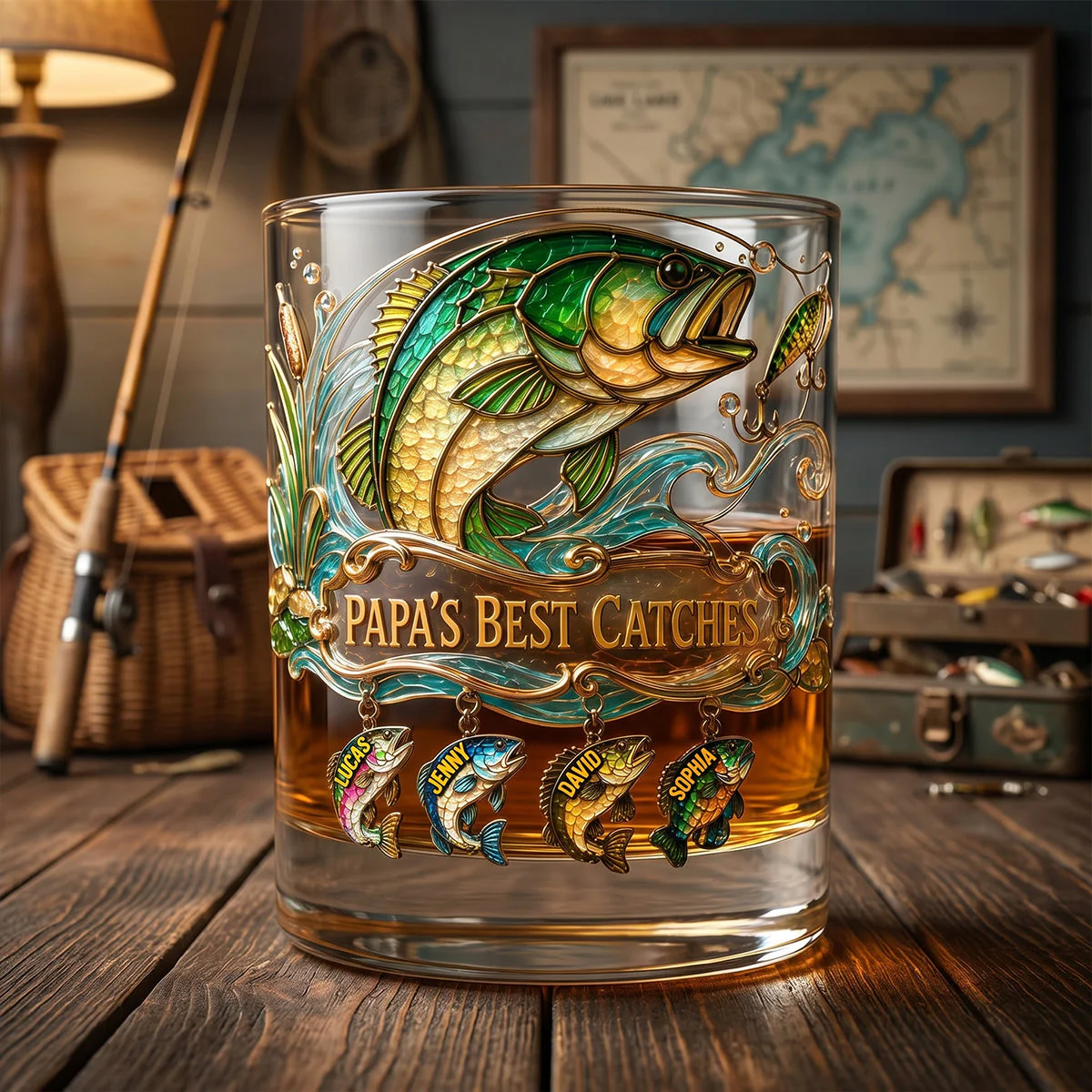 Papa's Best Catches Bass Fishing Stained Glass - Personalized Whiskey Glass - Gift For Dad - Image 2