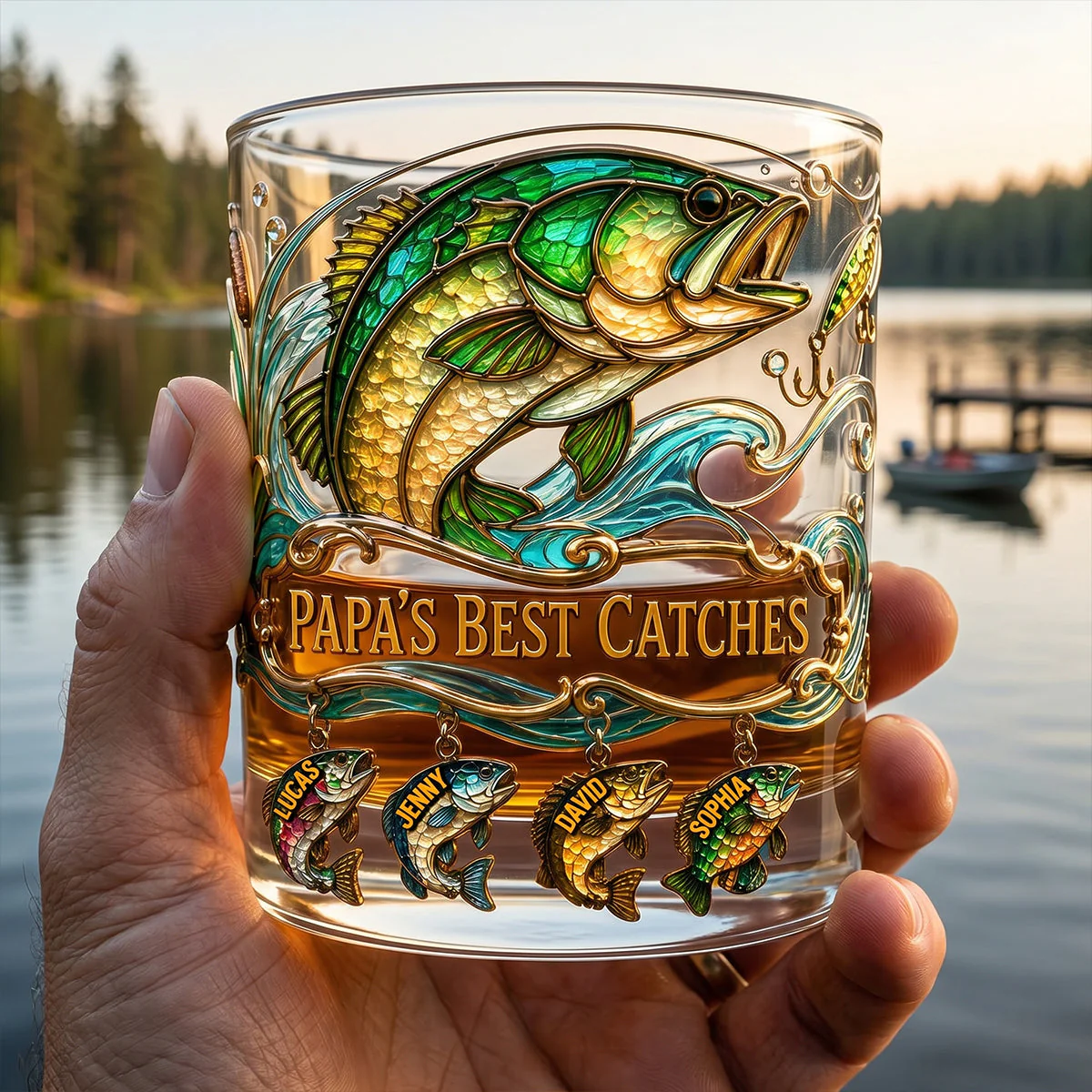 Papa's Best Catches Bass Fishing Stained Glass - Personalized Whiskey Glass - Gift For Dad - Image 3