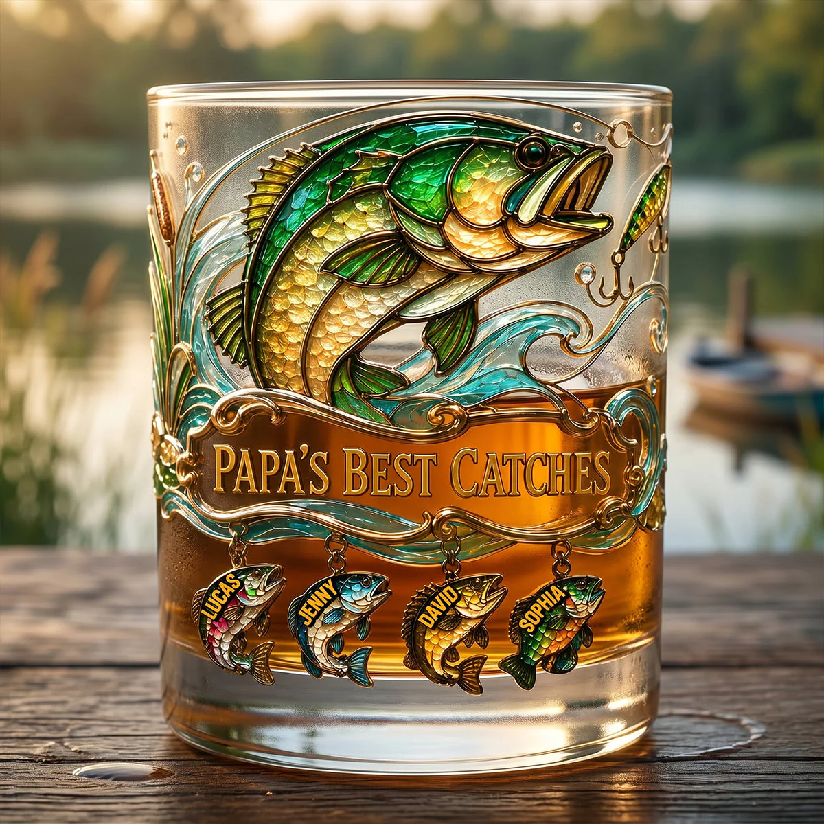 Papa's Best Catches Bass Fishing Stained Glass - Personalized Whiskey Glass - Gift For Dad - Image 4