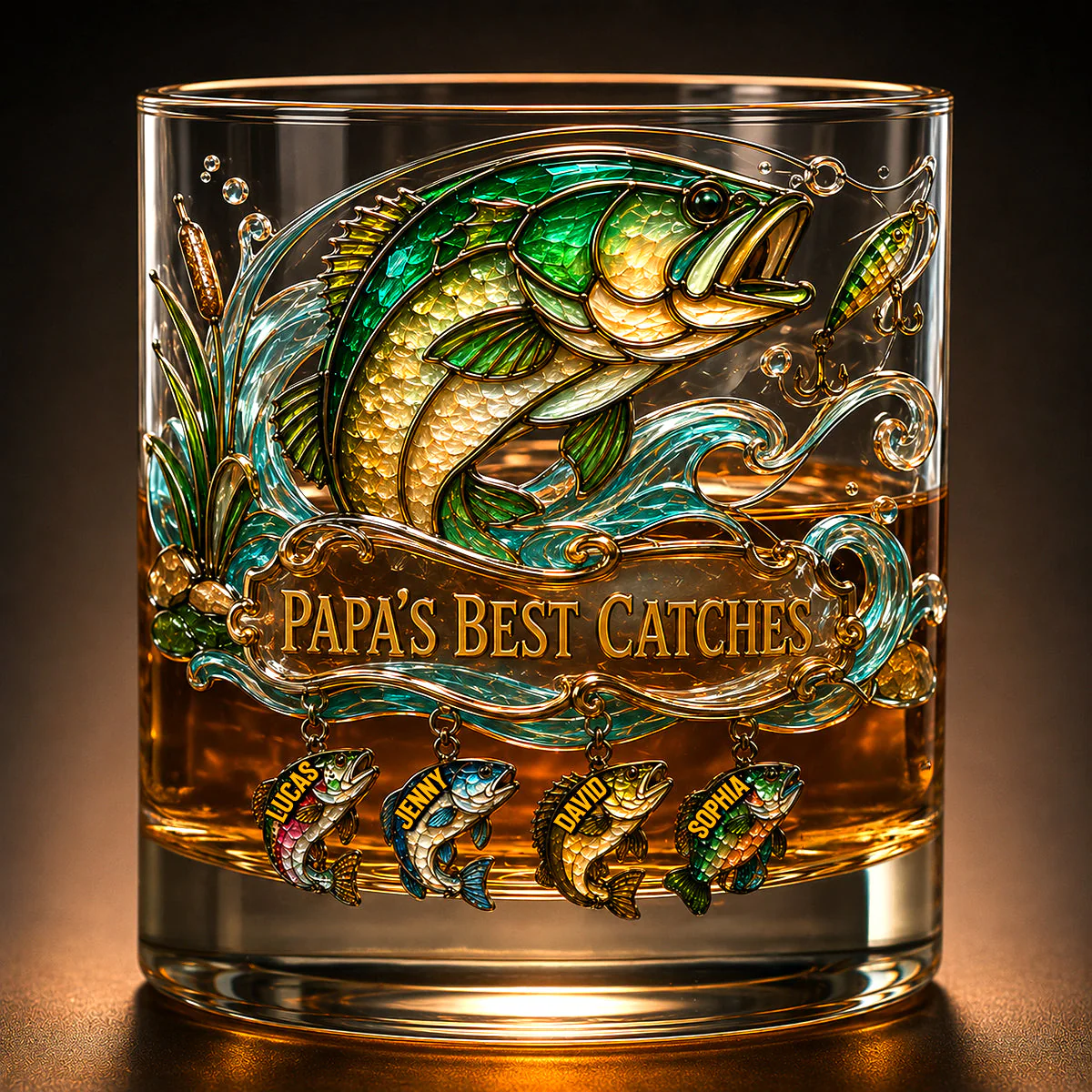 Papa's Best Catches Bass Fishing Stained Glass - Personalized Whiskey Glass - Gift For Dad - Image 5