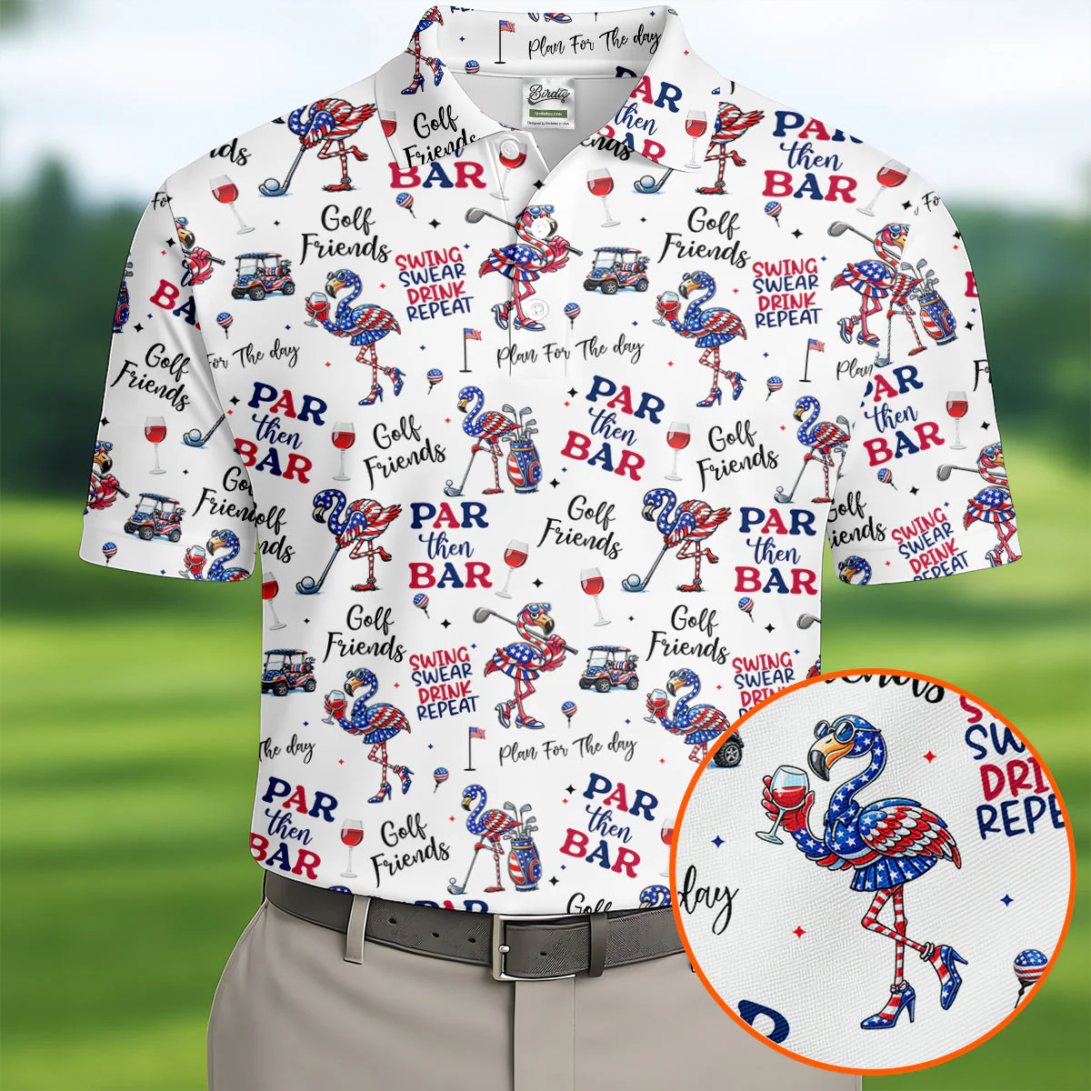 Par Then Bar Funny Flamingo Patriot - Personalized Polo Shirt - Gift For Dad, Grandpa, Golf Lovers
