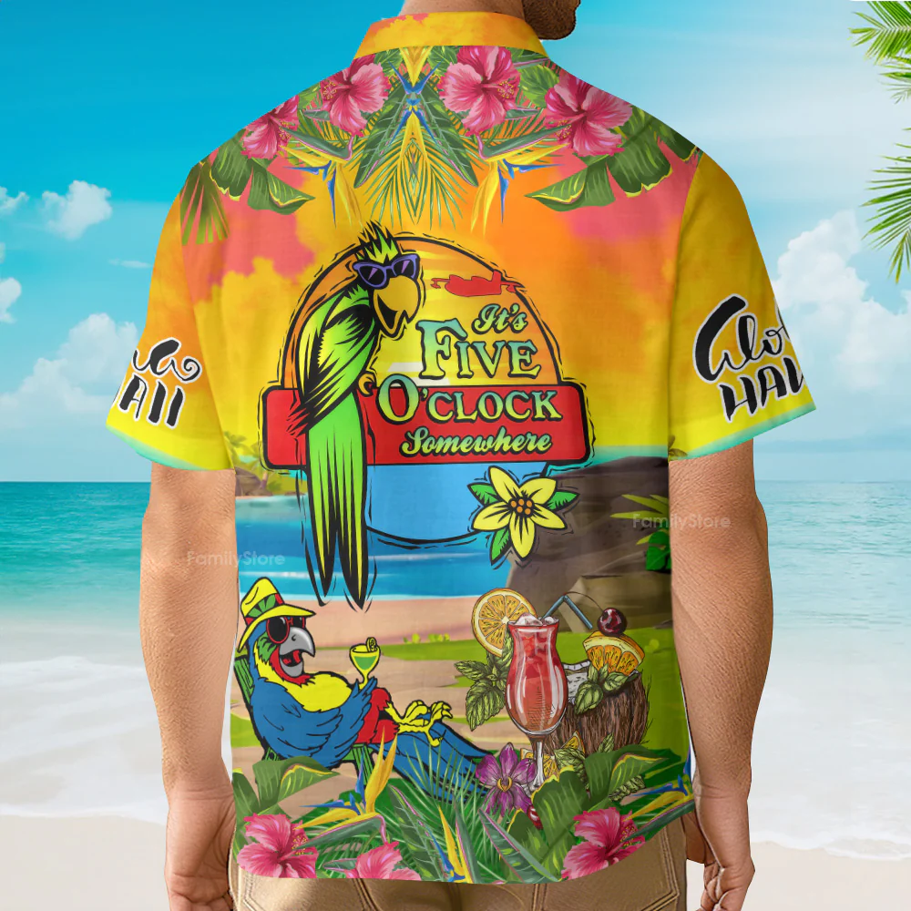 Parrot Tropical Flower It's 5 O'clock Somewhere Yellow Aloha Hawaiian Shirts - Image 2