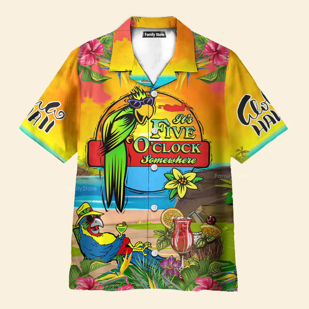 Parrot Tropical Flower It's 5 O'clock Somewhere Yellow Aloha Hawaiian Shirts - Image 3