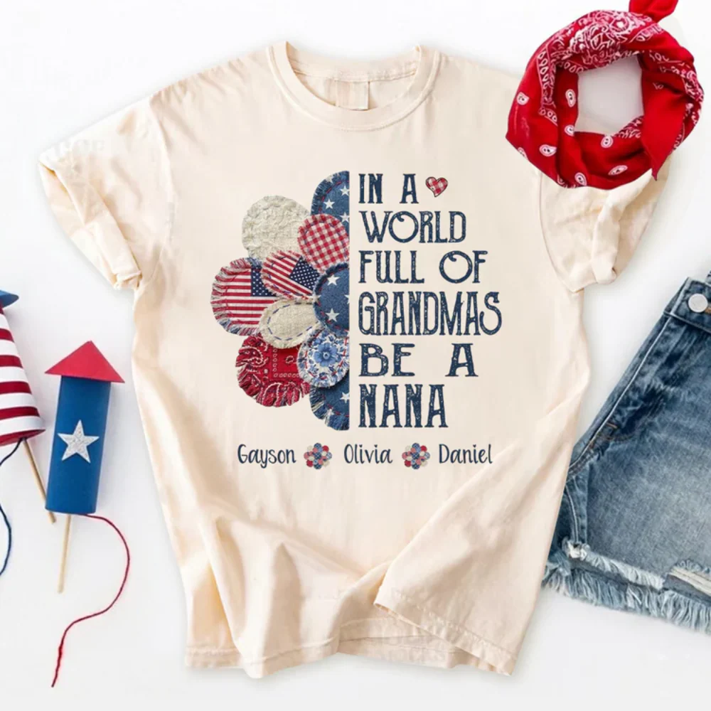 Patchwork Flower Nana And Grandkids Name - Personalized Shirt - Patriotic Gift For Mom, Grandma - Image 2