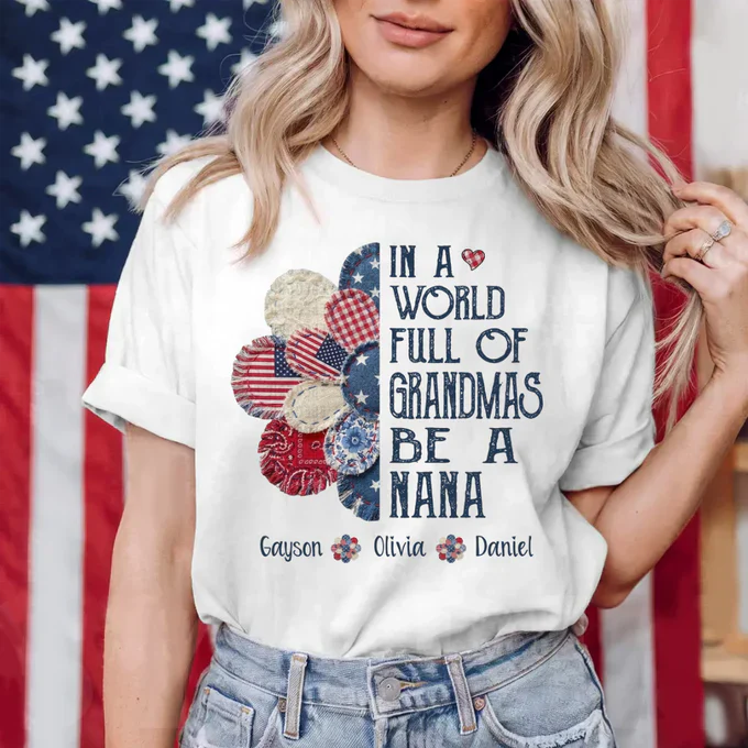 Patchwork Flower Nana And Grandkids Name - Personalized Shirt - Patriotic Gift For Mom, Grandma - Image 3
