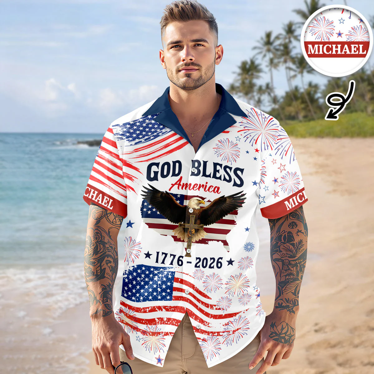 Patriotic 250th Anniversary God Bless America Eagle - Personalized Hawaiian Shirt - Gift for Dad, Husband, Grandpa HN02 - Image 3