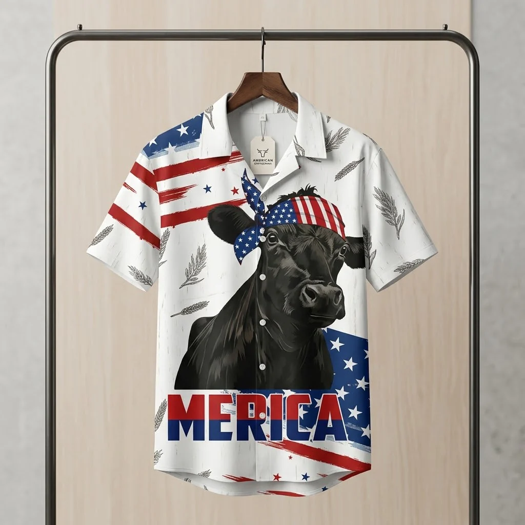 Patriotic Black Angus American Flag - Personalized Hawaiian Shirt - Gift For Patriotic Farmers - Image 2