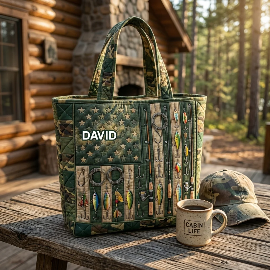Patriotic Camo American Flag Fishing - Personalized Quilted Tote Bag - Gift For Him, Veterans - Image 4