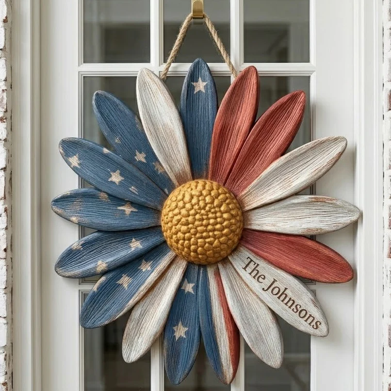 Patriotic Daisy Bloom - Personalized Custom Door Sign - 250th Anniversary Gifts For Mom, Dad, Brother, Sister, Kids - Family Forever United - Image 3