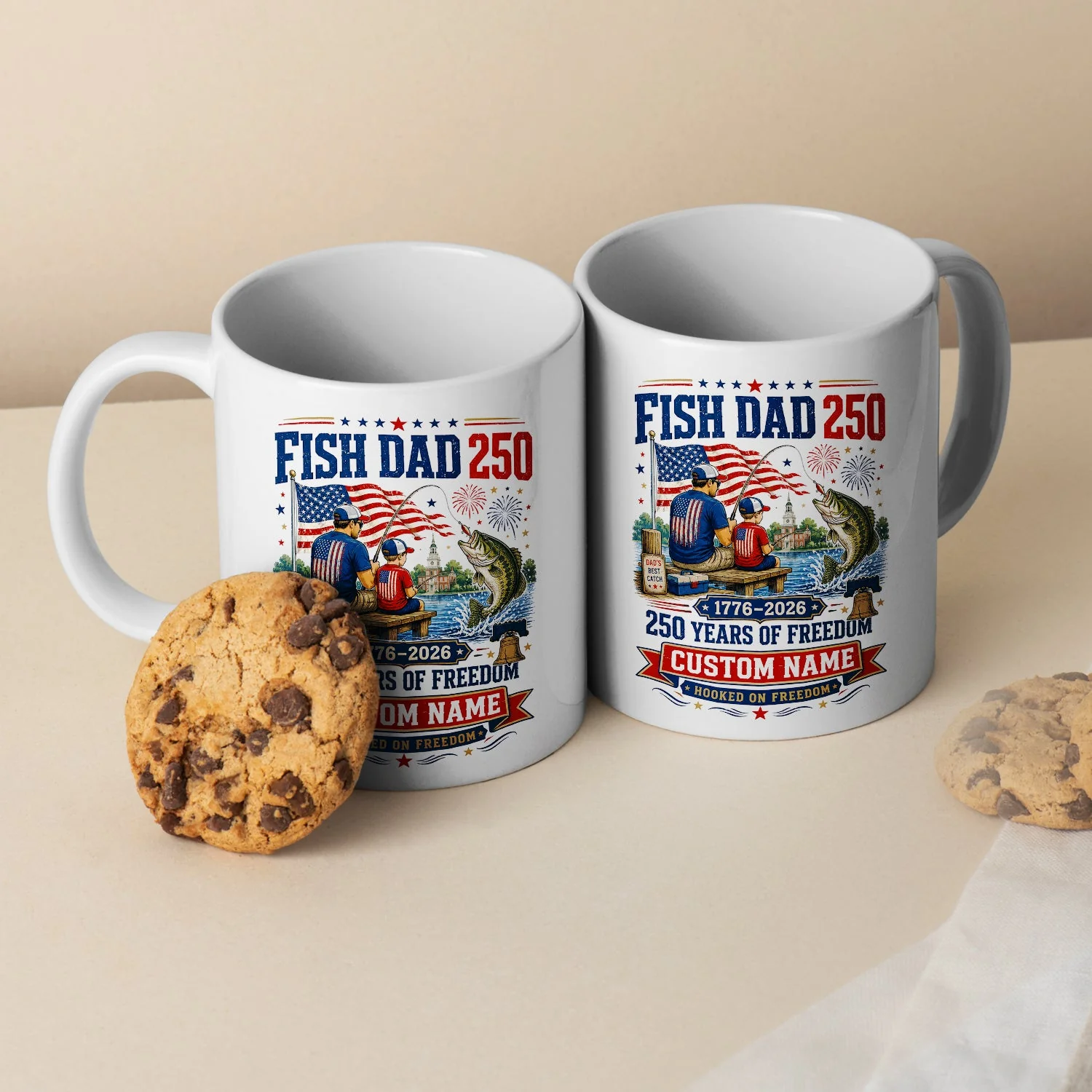 Patriotic Fish Dad 250 Years Of Freedom Hooked On Freedom - Personalized White Ceramic Mug - Gift For Patriotic Dad - Image 2