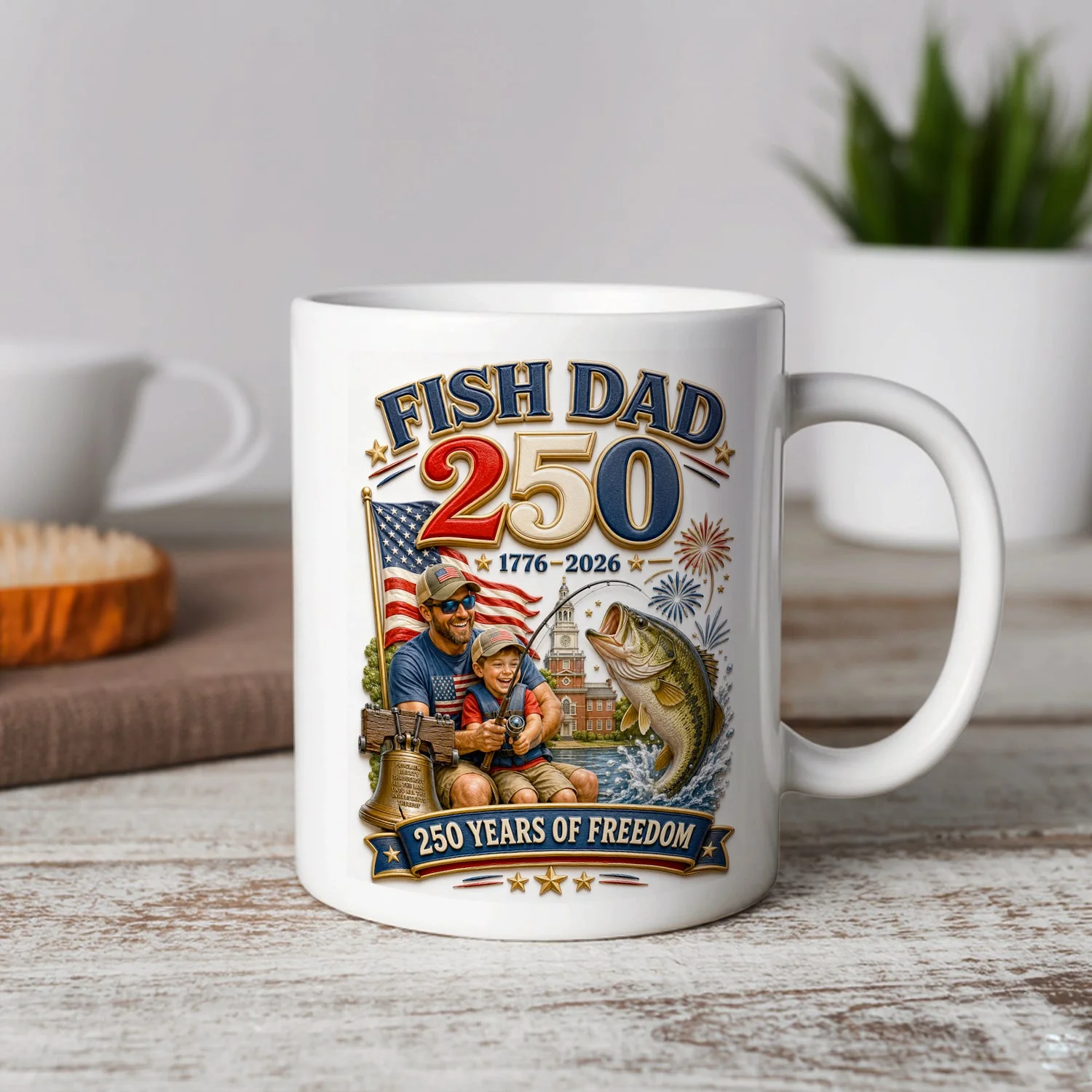 Patriotic Fish Dad 250 Years Of Freedom - Personalized White Ceramic Mug - Gift For Patriotic Dad - Image 3