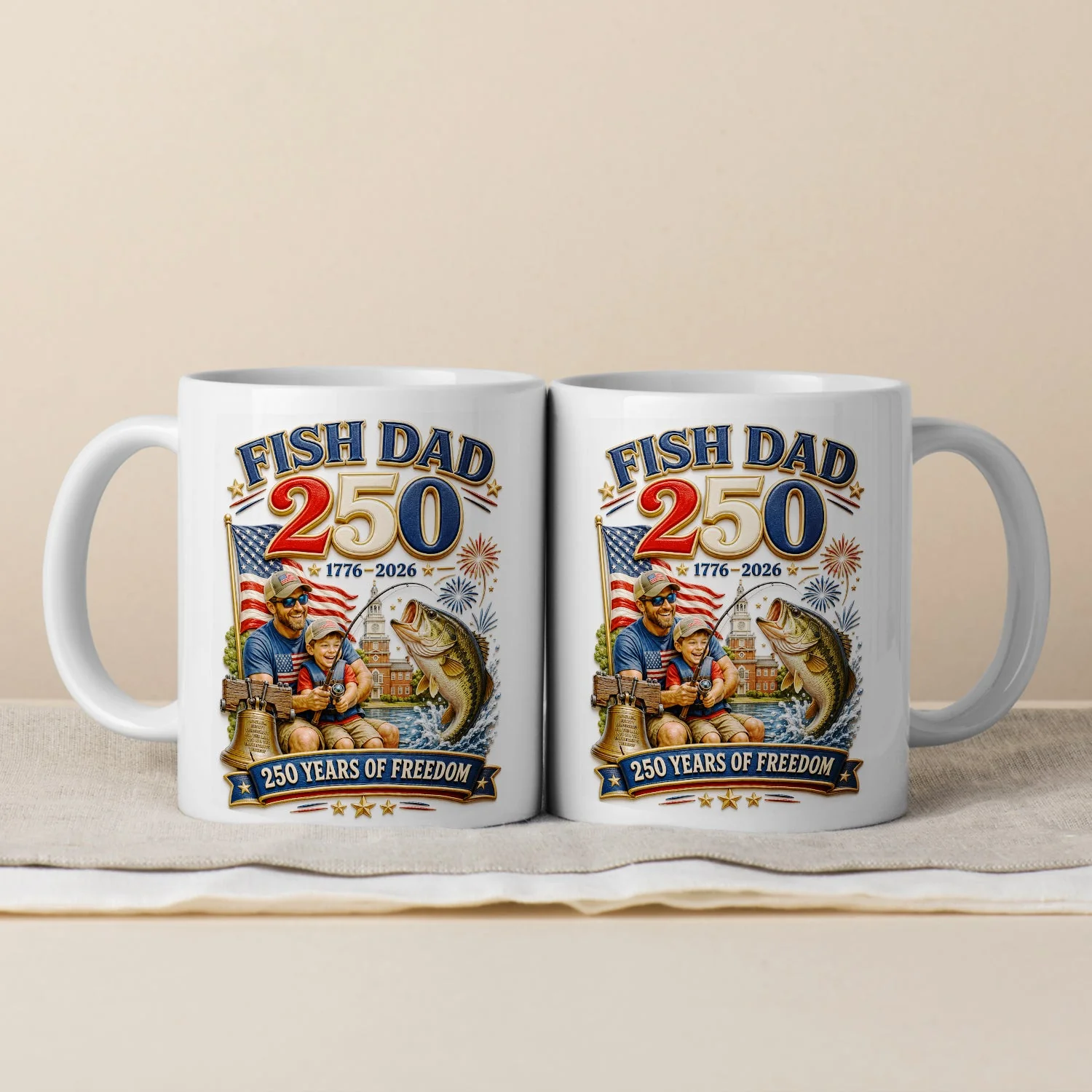 Patriotic Fish Dad 250 Years Of Freedom - Personalized White Ceramic Mug - Gift For Patriotic Dad - Image 4