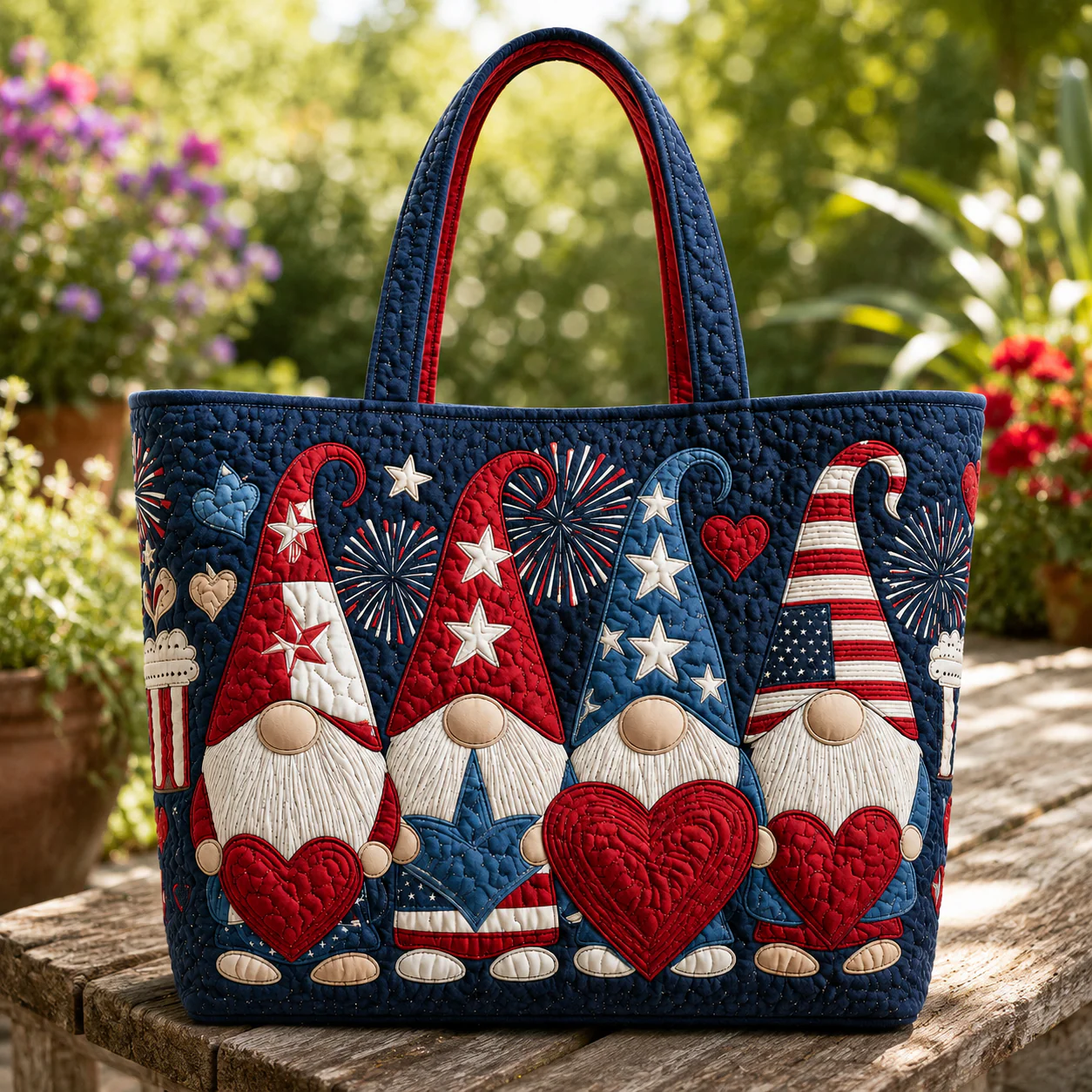 Patriotic Gnomes American Flag Fireworks Hearts - Quilted Tote Bag - Gift For Her