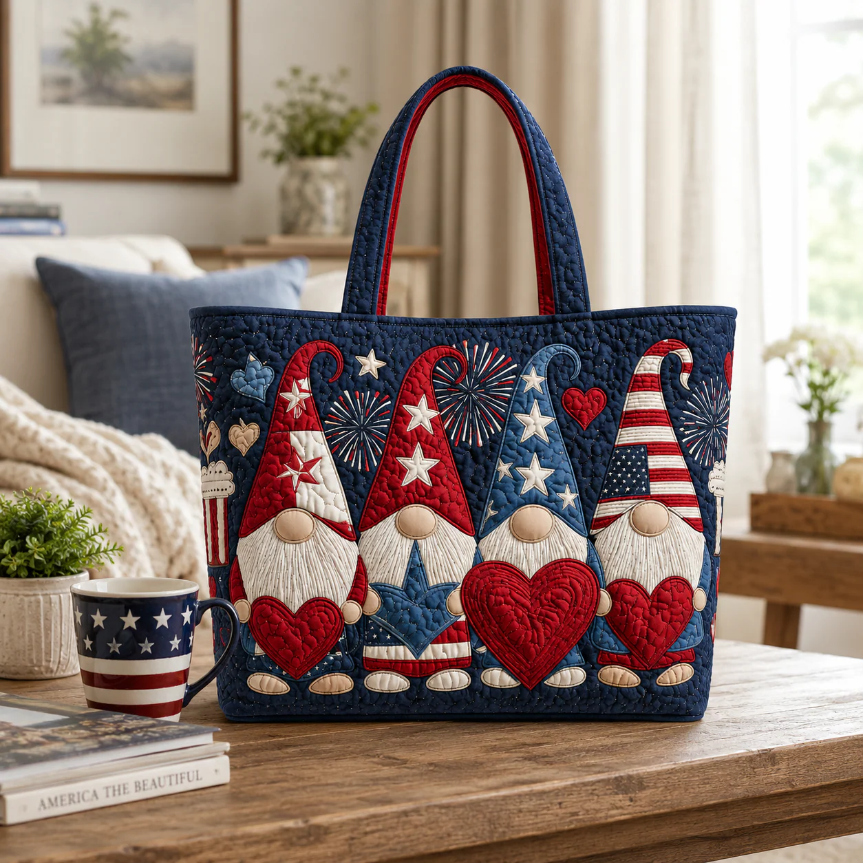 Patriotic Gnomes American Flag Fireworks Hearts - Quilted Tote Bag - Gift For Her - Image 2