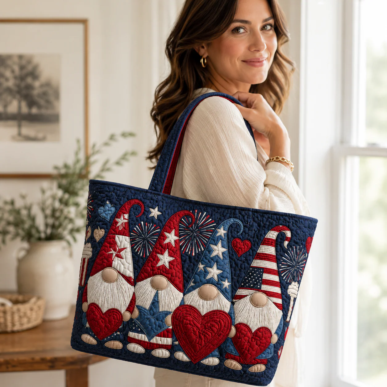 Patriotic Gnomes American Flag Fireworks Hearts - Quilted Tote Bag - Gift For Her - Image 3