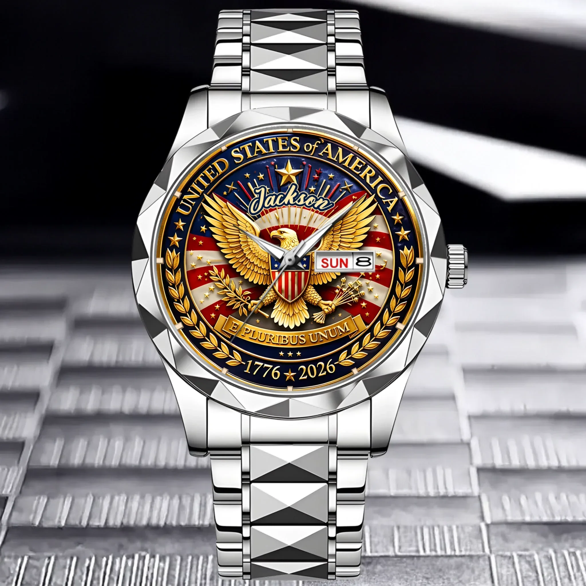 Patriotic Gold Eagle American Flag Stars And Stripes - Personalized Men's Wrist Watch - Gift For Men, Patriots - Image 2
