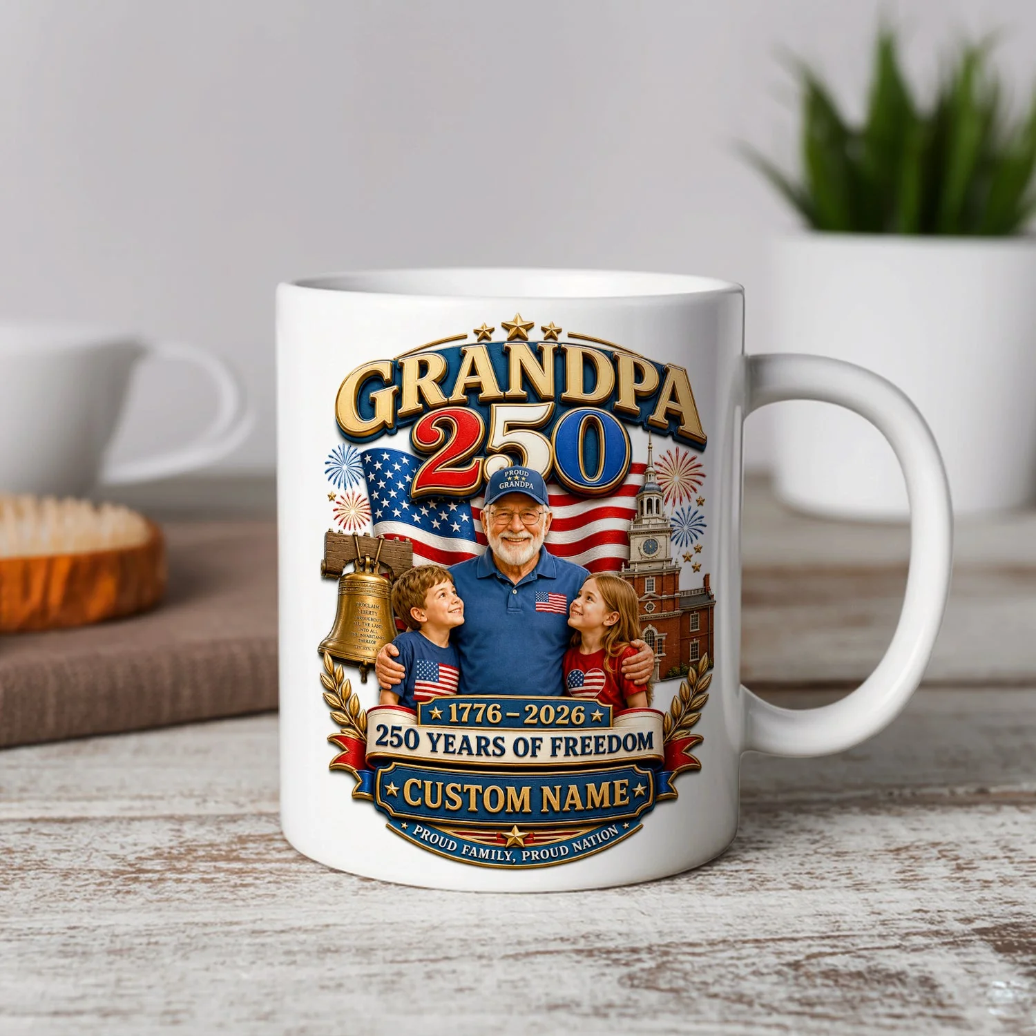 Patriotic Grandpa 250 Years Of Freedom - Personalized White Ceramic Mug - Gift For Patriotic Grandpa