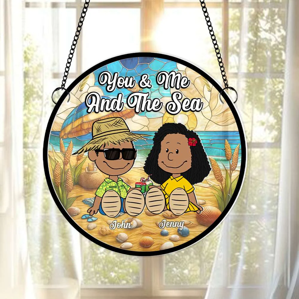 Peanu Couple Beach - Personalized Glass Window Hanging Suncatcher Ornament - Gift For Couple, Husband Wife, Anniversary | GR15