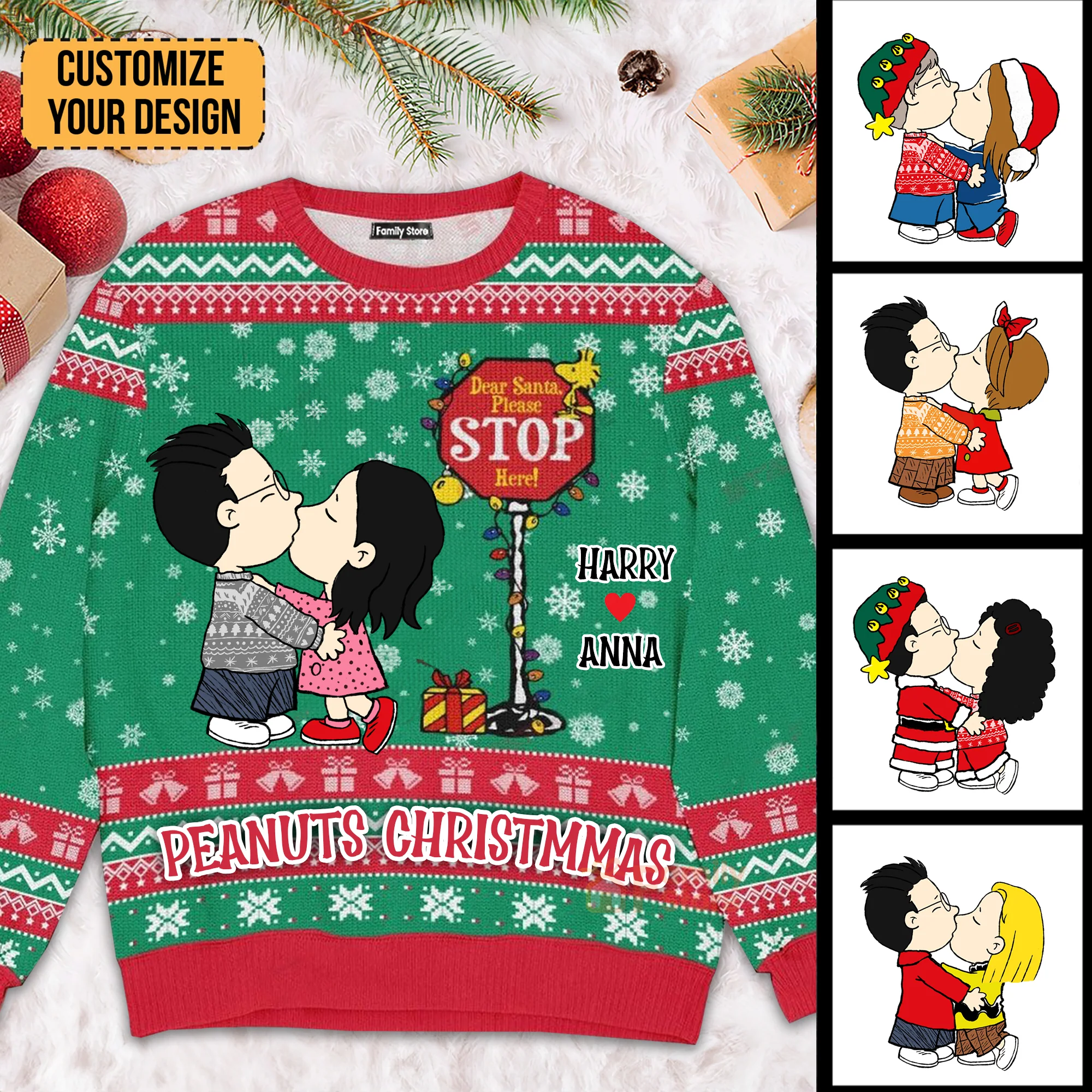 Peanut Dear Santa, Please Stop Here - Personalized Ugly Sweatshirt - Gift For Couple, Husband Wife, Anniversary CL45