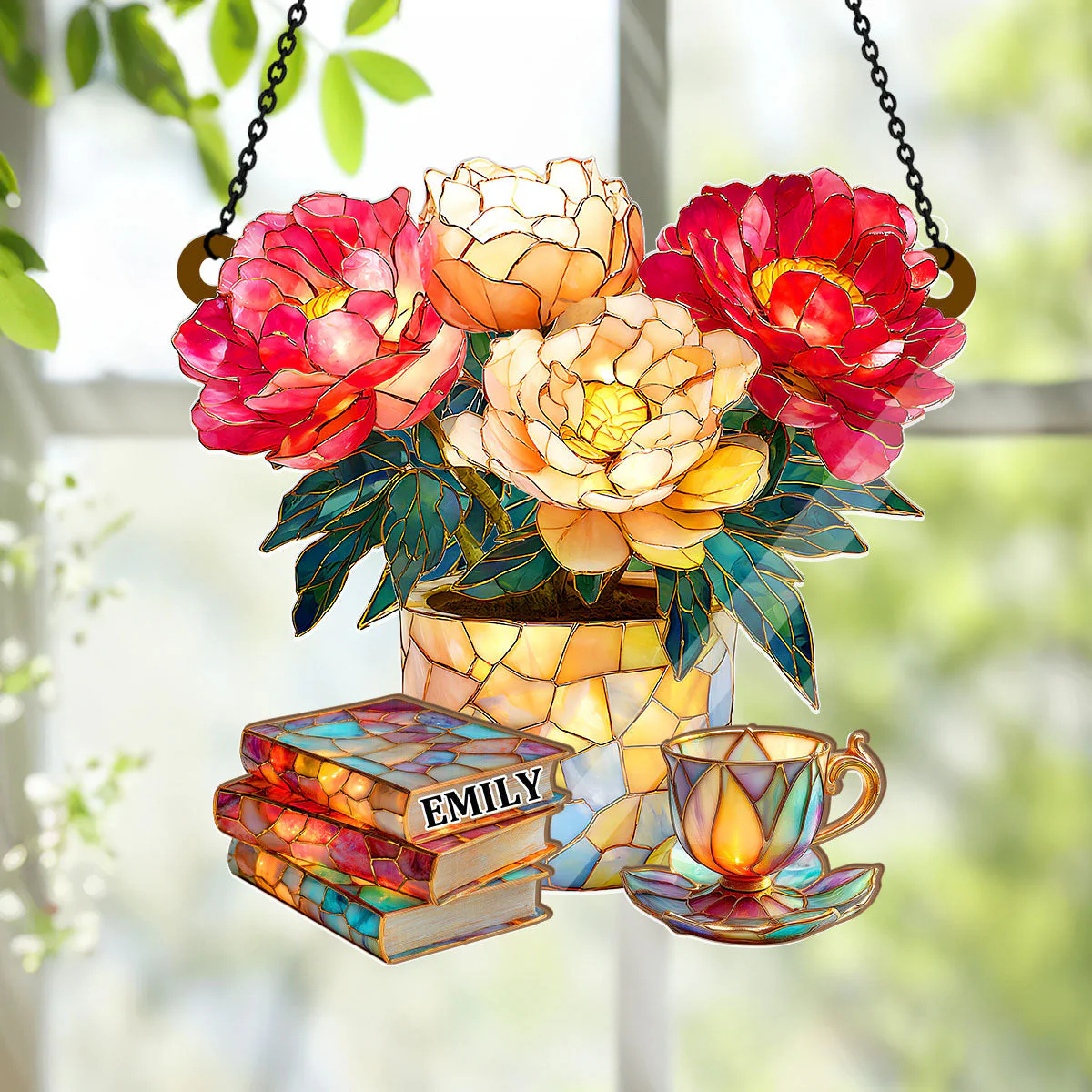 Peony, Books, And Tea - Personalized Window Hanging Suncatcher - Gift For Her, Readers HH01 - Image 4