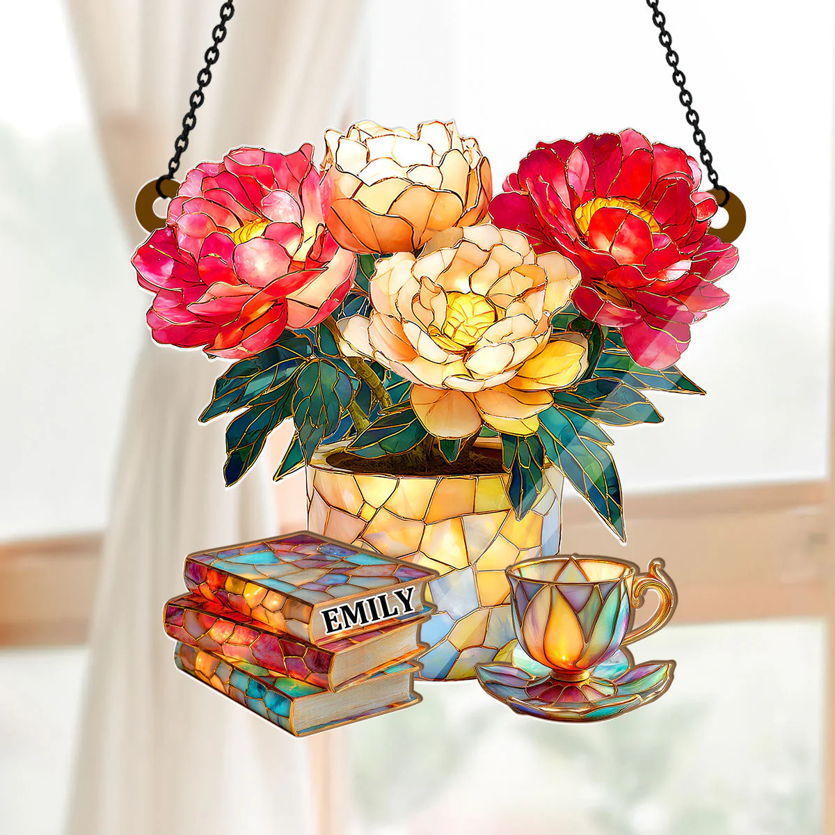 Peony, Books, And Tea - Personalized Window Hanging Suncatcher - Gift For Her, Readers HH01 - Image 5