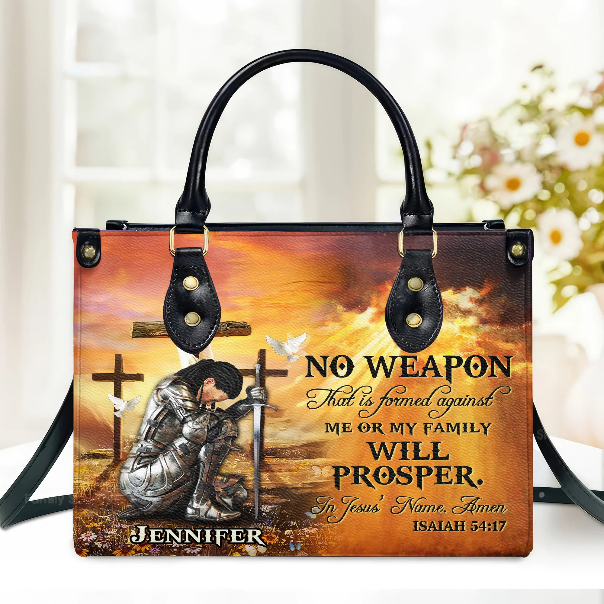 Personalized Woman Warrior No Weapon Formed Against Us Shall Prosper-Isaiah 54:17 - Personalized Leather Handbag | CLGOD03