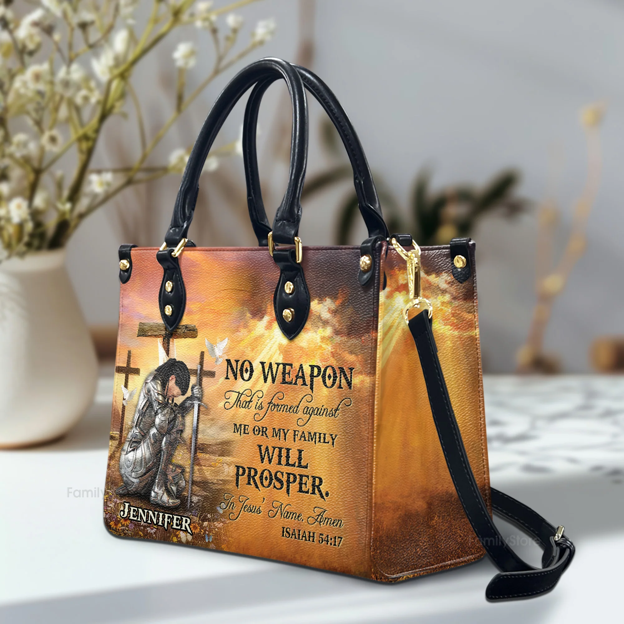 Personalized Woman Warrior No Weapon Formed Against Us Shall Prosper-Isaiah 54:17 - Personalized Leather Handbag | CLGOD03 - Image 2