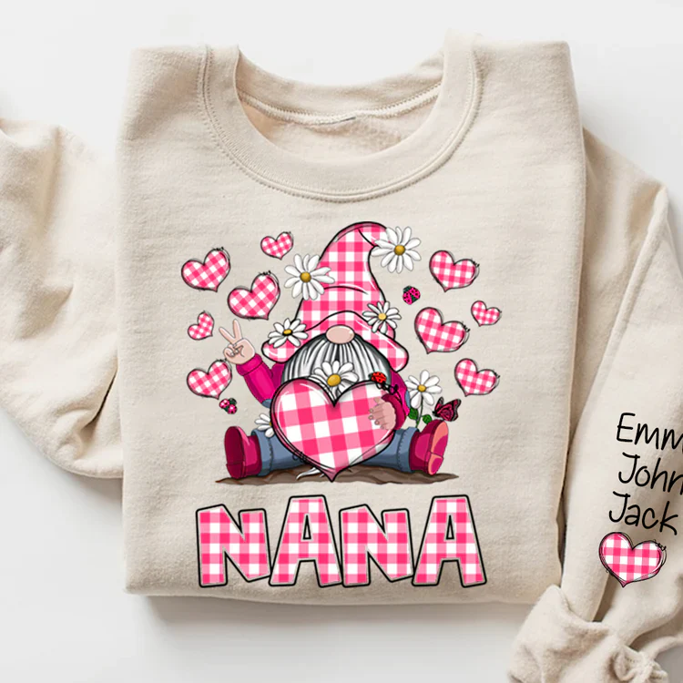 Pink Checkered Nana With Cute Gnome Dwarf - Personalized Sweatshirt With Design On Sleeve - Gift For Mom, Grandma | HN02 - Image 2
