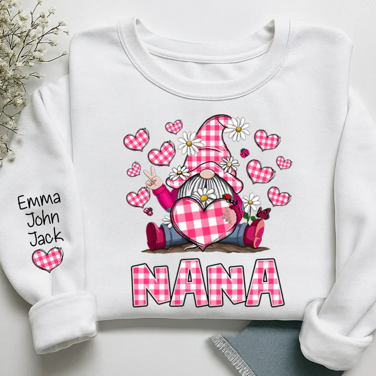 Pink Checkered Nana With Cute Gnome Dwarf - Personalized Sweatshirt With Design On Sleeve - Gift For Mom, Grandma | HN02 - Image 3
