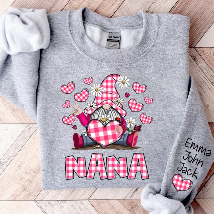 Pink Checkered Nana With Cute Gnome Dwarf - Personalized Sweatshirt With Design On Sleeve - Gift For Mom, Grandma | HN02 - Image 4