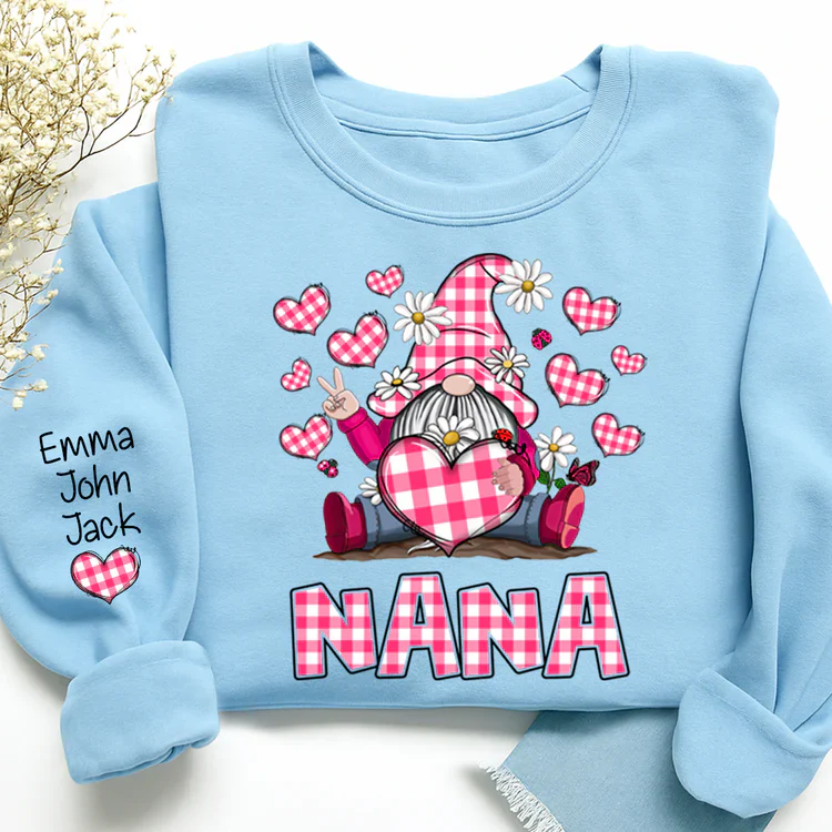 Pink Checkered Nana With Cute Gnome Dwarf - Personalized Sweatshirt With Design On Sleeve - Gift For Mom, Grandma | HN02 - Image 5