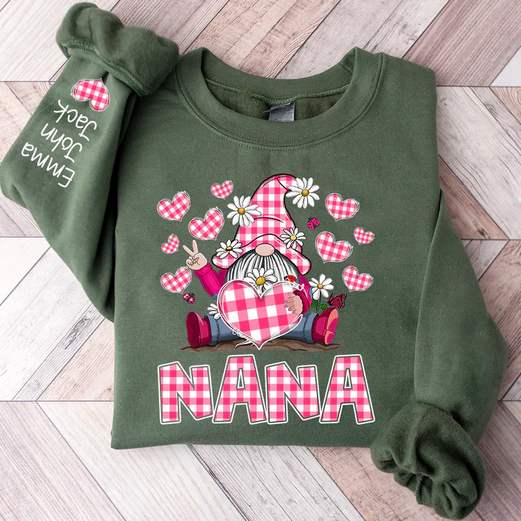 Pink Checkered Nana With Cute Gnome Dwarf - Personalized Sweatshirt With Design On Sleeve - Gift For Mom, Grandma | HN02 - Image 6