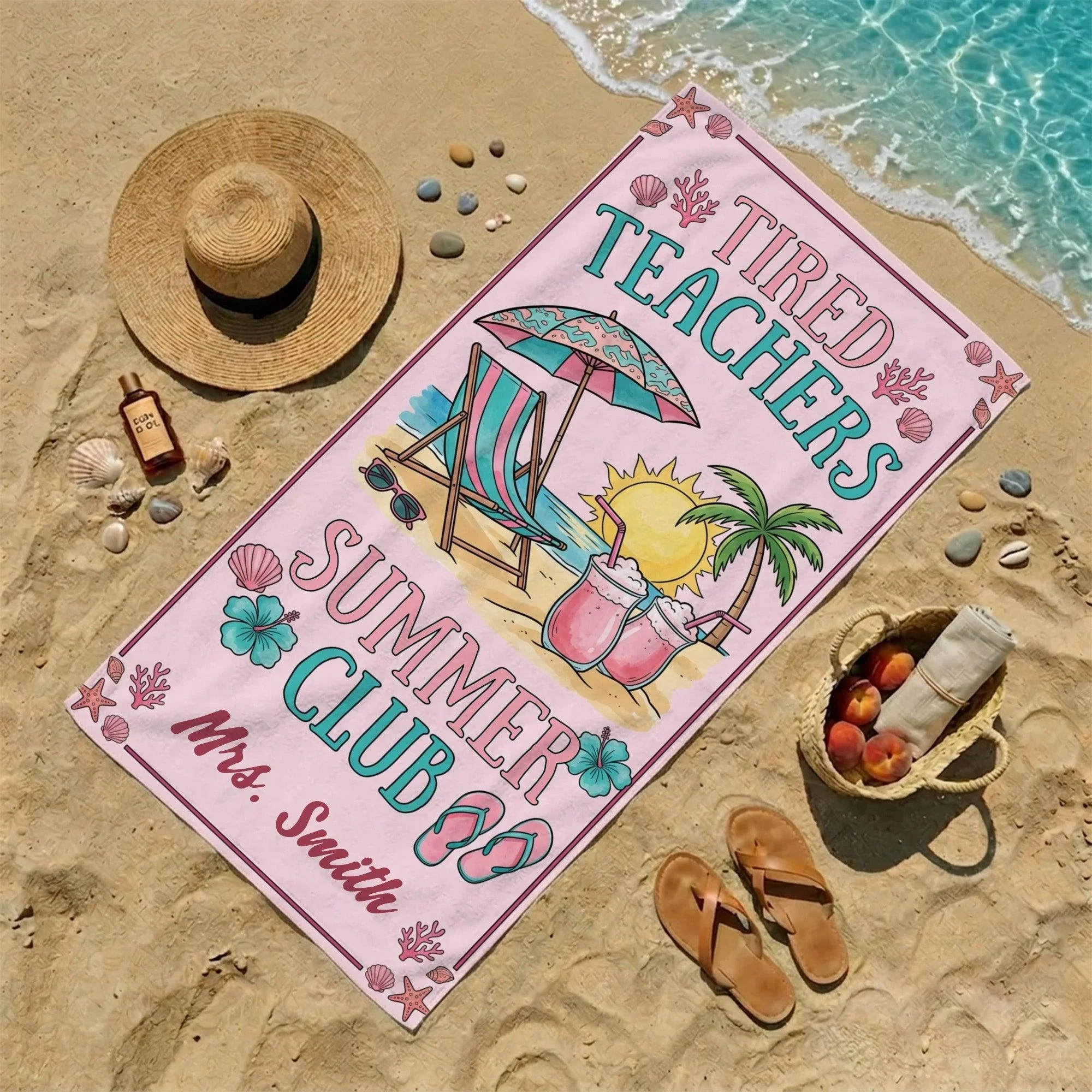 Pink Teachers Tired Summer Club - Personalized Beach Towel - Gift For Teacher - Image 5