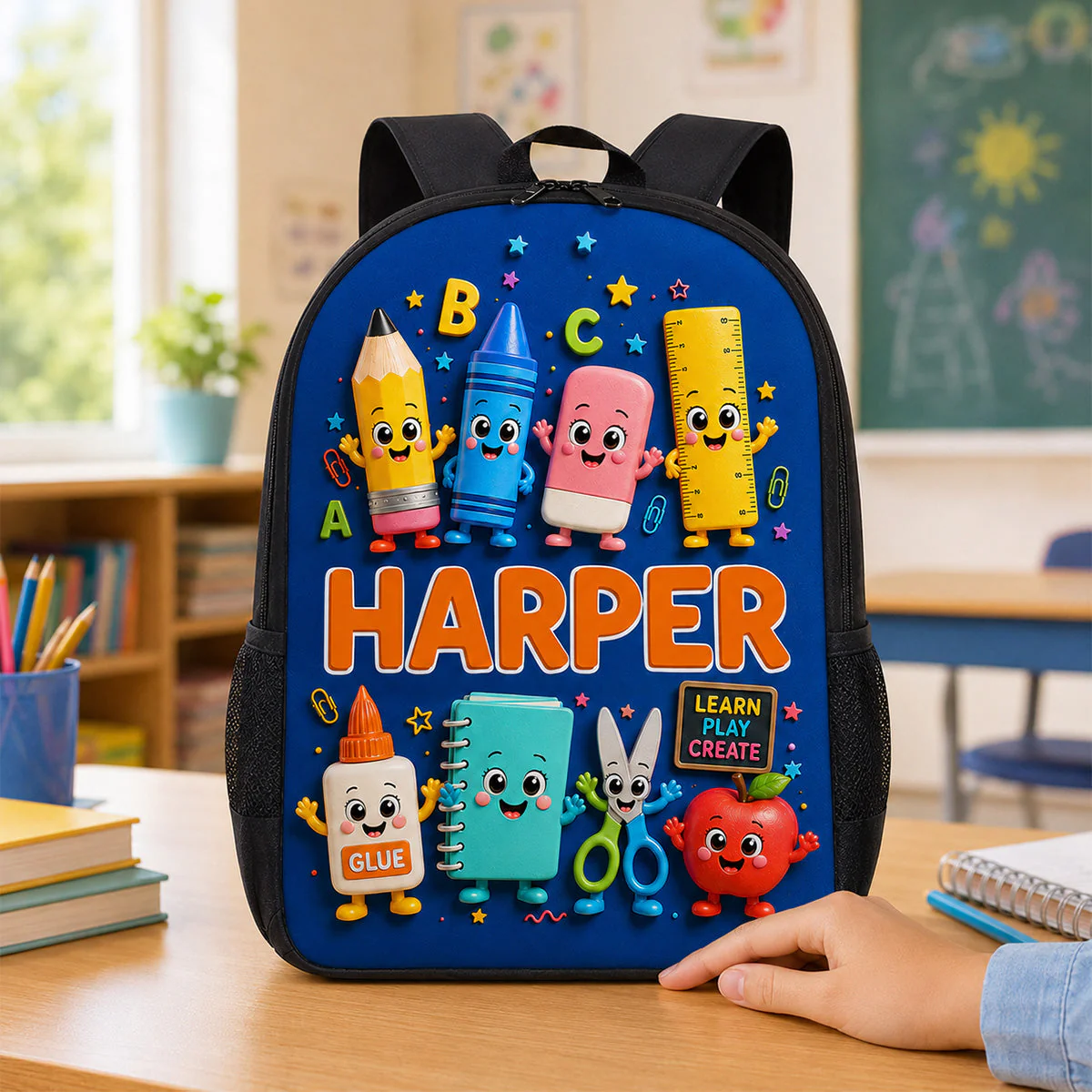 Playful School Things With Kid Name 2D Flat - Personalized Backpack, Lunch Bag, Pencil Case & Water Bottle - Back to School Gift - Image 5