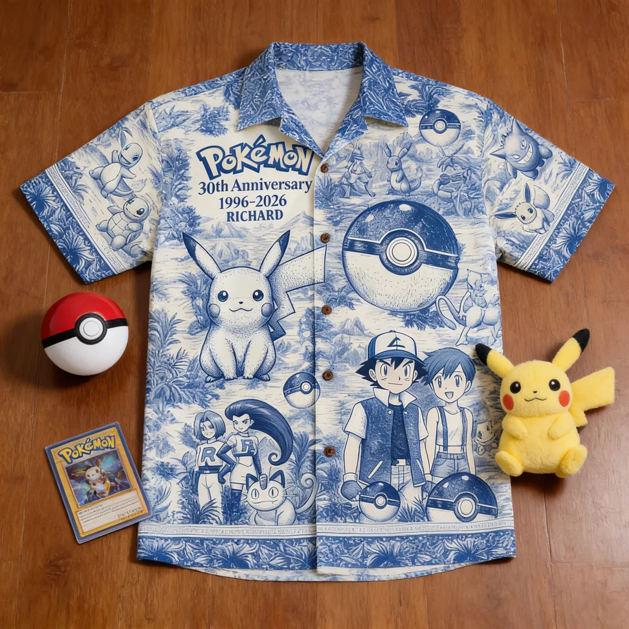 Toile De jouy Pocket Monster & Trainer Blue 30th Anniversary Adventure - Hawaiian Shirt - PoMo - Image 2