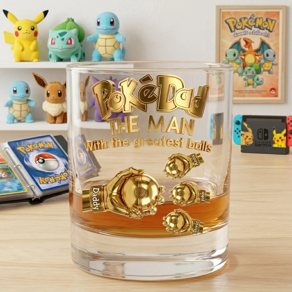 Pokedad The Man With The Greatest Balls - Personalized Whiskey Glass - Gift For Father's Day