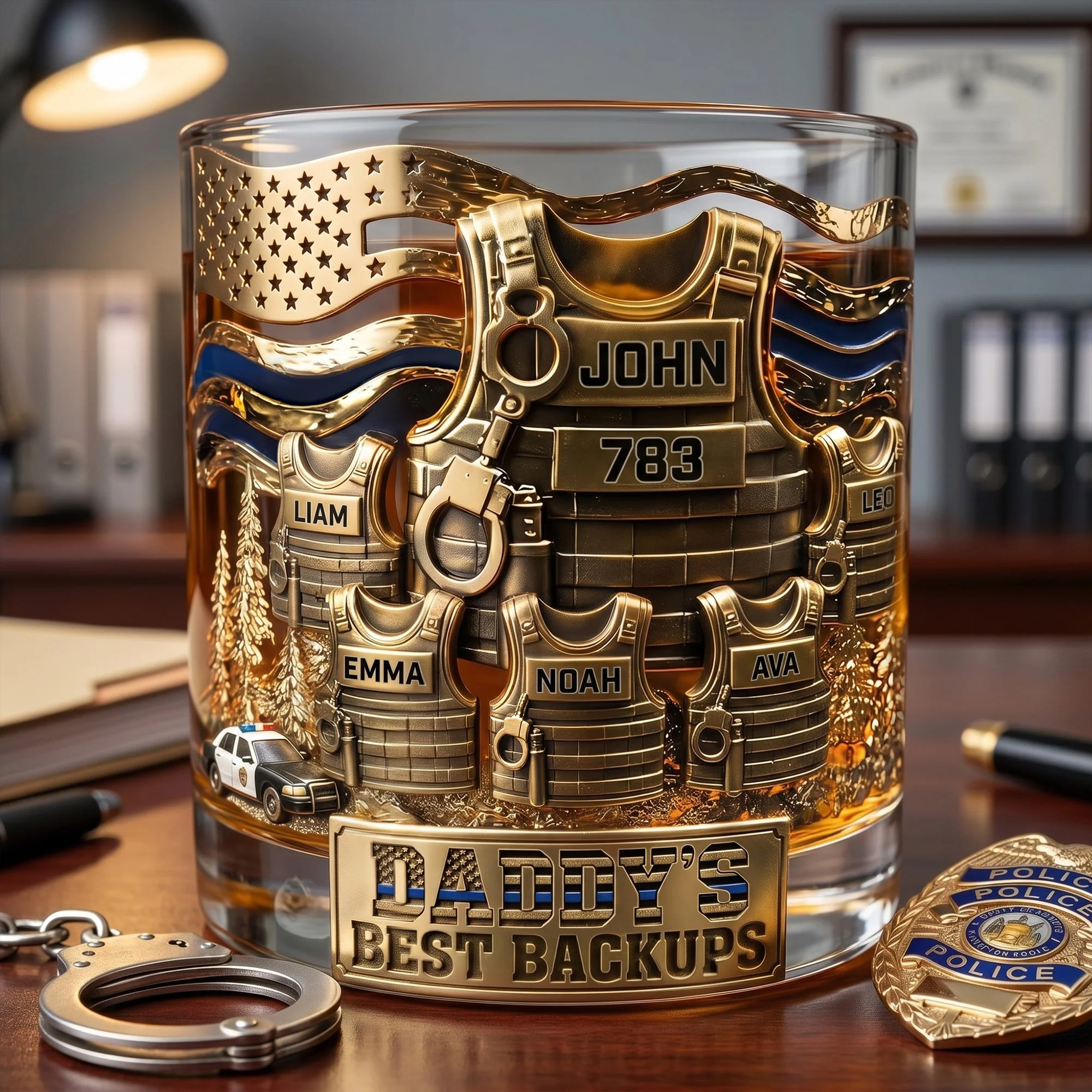 Police Dad Thin Blue Line Tactical Vests - Personalized Whiskey Glass - Gift For Dad - Image 2