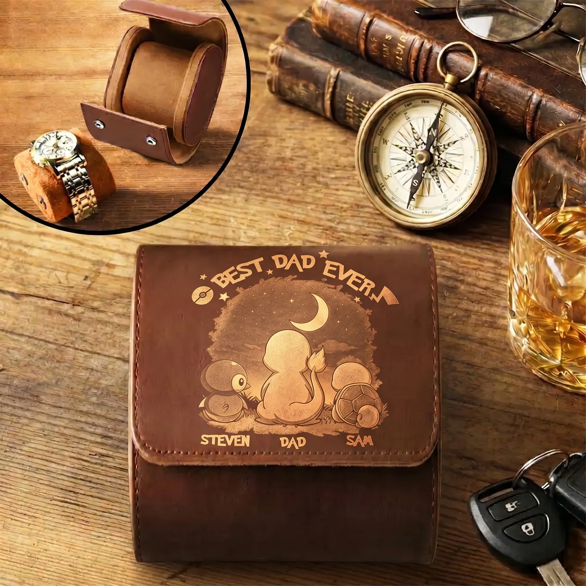 PoMo Best Dad Ever - Personalized Leather Watch Case - Gifts For Dad, Grandpa