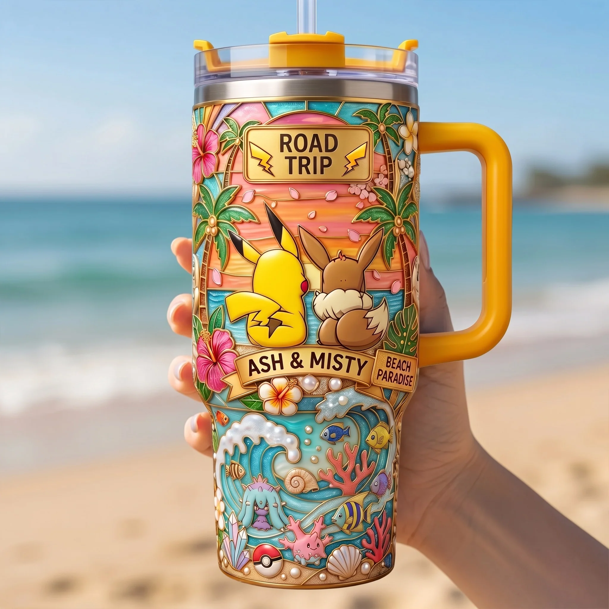 PoMo Couple Pocket Monsters Road Summer Trip - Personalized Tumbler - Gift For Couple
